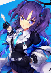 Rule 34 | 1girl, absurdres, belt, blue archive, blue background, gloves, hair ornament, halo, highres, id card, jacket, long hair, looking at viewer, necktie, open mouth, purple eyes, purple hair, school uniform, simple background, solo, ticket, trrcmb, yuuka (blue archive)