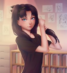 Rule 34 | 1girl, adjusting hair, black hair, blue eyes, book, bookshelf, brown hair, fate/stay night, fate (series), freckles, highres, indoors, looking at viewer, miura-n315, parted lips, realistic, solo, tohsaka rin, twintails, type-moon