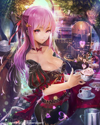 Rule 34 | 1girl, bow, breasts, choker, cleavage, collarbone, cup, dress, food, from side, hair ornament, hairclip, half updo, heart, hxxg, large breasts, latte art, long hair, looking at viewer, original, pink eyes, pink hair, puffy short sleeves, puffy sleeves, ribbon, saucer, short sleeves, solo, sparkle, teacup, watermark
