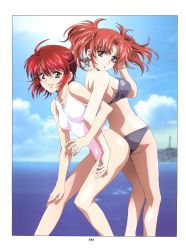 Rule 34 | 2girls, absurdres, ass, bikini, blue sky, blurry, blurry background, breasts, breasts apart, closed mouth, cloud, competition swimsuit, floating hair, grey bikini, grey eyes, gundam, gundam seed, gundam seed destiny, hair between eyes, hand in own hair, hand on own knee, highres, kawarajima kou, locked arms, long hair, lunamaria hawke, medium breasts, meyrin hawke, multiple girls, ocean, one-piece swimsuit, outdoors, page number, red hair, shiny skin, short hair, siblings, sideboob, sisters, sky, small breasts, smile, soure:https://exhentai.org/g/988935/affba55ee5/, standing, strapless, strapless bikini, swimsuit, twintails, white one-piece swimsuit