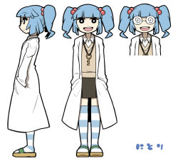 Rule 34 | 1girl, blue hair, character name, coke-bottle glasses, contemporary, female focus, glasses, hair bobbles, hair ornament, hands in pockets, kawashiro nitori, key, lab coat, open mouth, profile, sandals, short hair, skirt, smile, striped clothes, striped thighhighs, sweater, thighhighs, touhou, twintails, two side up, ume (noraneko)