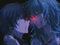 Rule 34 | 1boy, 1girl, astronut zzz, black background, blood, blood from mouth, closed mouth, eto (tokyo ghoul), expressionless, eye contact, from side, grin, hair between eyes, highres, kaneki ken, long hair, looking at another, portrait, profile, serious, short hair, smile, teeth, tokyo ghoul, tokyo ghoul:re