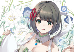 Rule 34 | 1girl, :d, artist name, bare shoulders, bob cut, breasts, brown hair, cleavage, dress, flower, fujishino shikino, green eyes, hair ornament, looking at viewer, miyabi (xenoblade), off-shoulder dress, off shoulder, open mouth, short hair, smile, solo, white background, white dress, white flower, xenoblade chronicles (series), xenoblade chronicles 3