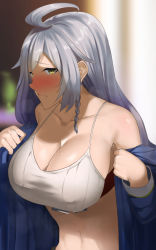 Rule 34 | 10s, 1girl, ahoge, bare shoulders, bikini, bikini top only, blush, breasts, cleavage, closed mouth, collarbone, from side, granblue fantasy, highres, indoors, large breasts, long hair, long sleeves, looking at viewer, looking to the side, muunyan (yumenekoya), navel, nose blush, silva (granblue fantasy), silver hair, solo, stomach, sweat, swimsuit, undressing, upper body, white bikini, yellow eyes