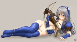 Rule 34 | 1girl, armor, azure (armor), blue eyes, bottomless, breasts, fingerless gloves, gloves, gun, hair ribbon, holding, holding weapon, long hair, lying, monster hunter (series), on side, open clothes, open shirt, puffy short sleeves, puffy sleeves, ribbon, short sleeves, silent sakia, thighhighs, third-party edit, weapon, white hair