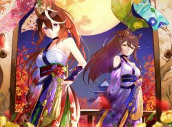 Rule 34 | 2girls, animal ears, bandaid, bandaid on face, bandaid on nose, bare shoulders, blurry, blurry foreground, breasts, brown hair, choker, closed mouth, clothing cutout, flower, hair between eyes, hand on own hip, highres, horse ears, horse girl, horse tail, japanese clothes, kimono, koyo akio, late autumn the music echoes (umamusume), leaf, lips, long hair, looking at viewer, maple leaf, maple tree, medium breasts, moon, multicolored hair, multiple girls, narita brian (heavenly laughter kaburaya) (umamusume), narita brian (umamusume), night, obi, ponytail, purple eyes, sarashi, sash, shoulder cutout, sliding doors, smile, standing, streaked hair, symboli rudolf (archer of the white moon) (umamusume), symboli rudolf (umamusume), tail, tree, umamusume, yellow eyes