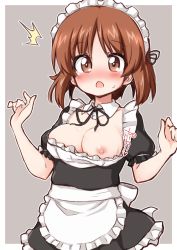 Rule 34 | 1girl, ^^^, alternate costume, apron, black dress, black ribbon, blush, border, breasts, brown eyes, brown hair, commentary request, cowboy shot, detached collar, dress, enmaided, frilled apron, frills, girls und panzer, grey background, hair ribbon, hands up, highres, looking at viewer, maid, maid apron, maid headdress, medium breasts, neck ribbon, nipple slip, nipples, nishizumi miho, nose blush, open mouth, outside border, petticoat, puffy short sleeves, puffy sleeves, ribbon, short dress, short hair, short sleeves, simple background, solo, standing, suwa yasai, sweat, waist apron, white apron, white border