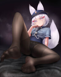 Rule 34 | 1girl, absurdres, animal ears, cameltoe, cleft of venus, clothes lift, cuffs, feet, fox ears, fox tail, handcuffs, highres, john zerowb, kitsune, looking at viewer, medium hair, miniskirt, panties, panties under pantyhose, pantyhose, parted lips, phase connect, police, police uniform, policewoman, purple eyes, silver hair, skirt, skirt lift, soles, steam, tail, tenma maemi, toes, underwear, uniform, virtual youtuber