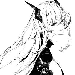 Rule 34 | 1girl, arknights, crying, crying with eyes open, demon horns, eyelashes, greyscale, hair between eyes, horns, korean commentary, long hair, looking at viewer, material growth, monochrome, oripathy lesion (arknights), parted lips, simple background, smile, solo, su-85 (su 85), tears, theresa (arknights), upper body, white background