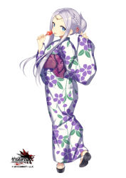 Rule 34 | 1girl, blue eyes, candy apple, character request, dated, floral print, food, full body, grand harem, japanese clothes, kimono, obi, pokachu, sash, shoes, silver hair, simple background, solo, tongue, tongue out, white background, yukata