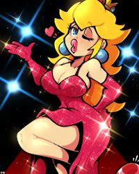 Rule 34 | 1girl, artist name, bare shoulders, black background, blonde hair, breasts, cleavage, crown, dress, earrings, elbow gloves, evening gown, eyelashes, gloves, half-closed eye, hand on own hip, hand up, heart, highres, jewelry, large breasts, leg up, legendofnerd, lips, long hair, looking at viewer, mario (series), nintendo, notice lines, one eye closed, open hand, pink lips, princess peach, puckered lips, purple dress, purple gloves, raised eyebrow, shiny skin, side slit, solo focus, sparkle, standing, standing on one leg, super mario all stars, thick lips, thighs, toad (mario)