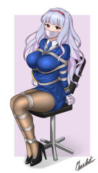 Rule 34 | 1girl, bdsm, blue jacket, blue necktie, blue skirt, bondage, bound, breast bondage, breasts, chair, cuffs, formal, full body, gag, gagged, hairband, high heels, highres, idolmaster, idolmaster (classic), improvised gag, jacket, large breasts, legs together, long hair, long sleeves, looking at viewer, necktie, office chair, pantyhose, pencil skirt, plusout, shijou takane, shirt, signature, silver hair, simple background, sitting, skirt, solo, suit, swivel chair, tape, tape gag, taped fingers, taped hands, tears, uniform, white shirt