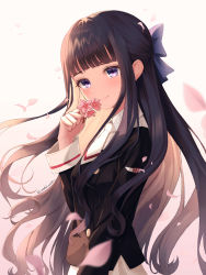 Rule 34 | 1girl, black hair, black jacket, blue bow, blush, bow, brown hair, cardcaptor sakura, closed mouth, collared shirt, commentary request, daidouji tomoyo, eyebrows hidden by hair, flower, hair bow, hand up, highres, holding, holding flower, jacket, long hair, looking at viewer, looking to the side, multicolored hair, necktie, pink flower, pleated skirt, purple eyes, sarablanche, school uniform, serafuku, shirt, short necktie, skirt, smile, solo, tomoeda elementary school uniform, twitter username, two-tone hair, very long hair, white necktie, white shirt, white skirt