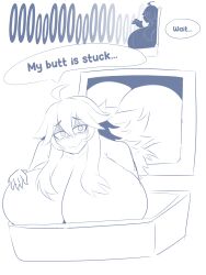 Rule 34 | 1girl, absurdres, ahoge, ass, breast rest, breasts, completely nude, creatures (company), duskyer, english text, eyelashes, female focus, game freak, head tilt, hex maniac (pokemon), highres, huge ass, huge breasts, long hair, looking at viewer, monochrome, nervous, nintendo, nude, pokemon, pokemon xy, sidelocks, smile, solo, stuck, wavy mouth, white background, wide sleeves