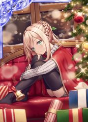 Rule 34 | 1girl, akkijin, ass, bell, blonde hair, box, braid, cape, christmas, christmas tree, couch, gift, gift box, green eyes, hair ornament, indoors, lonely, looking at viewer, no shoes, official art, red cape, sad, shinkai no valkyrie, sitting, snowing, sweater, thighhighs, window