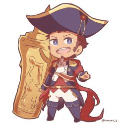 Rule 34 | 1boy, beard, blue eyes, boots, brown hair, cape, chibi, epaulettes, facial hair, fate/grand order, fate (series), french clothes, large hat, long sideburns, long sleeves, looking at viewer, male focus, military, military uniform, napoleon bonaparte (fate), pants, smile, solo, uniform, unower s, weapon