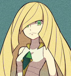 Rule 34 | 1girl, bare shoulders, blonde hair, blue background, breasts, closed mouth, covered collarbone, creatures (company), crystal, dress, female focus, frown, game freak, green eyes, hair over one eye, long hair, looking at viewer, lusamine (pokemon), nintendo, pokemon, pokemon sm, shiwo (siwosi), simple background, sleeveless, sleeveless dress, small breasts, solo, upper body