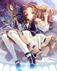 Rule 34 | 1girl, bad id, bad pixiv id, black footwear, blue eyes, brown hair, brown skirt, cherrypin, chestnut mouth, clock, full body, gears, looking at viewer, pantyhose, puffy sleeves, quill, skirt, solo, tenkuu no crystalia, v arms, white pantyhose