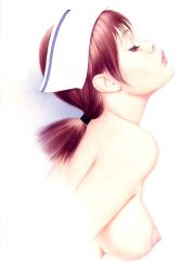 Rule 34 | 1girl, archie dickens, breasts, brown hair, closed eyes, female focus, lips, nipples, nude, nurse, original, red hair, short hair, solo, third-party edit, topless frame, upper body, white background