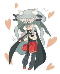 Rule 34 | 1girl, ^ ^, abyssal ship, bad id, bad pixiv id, blush, boots, cape, closed eyes, cosplay, emu (eomou), hairband, heart, japanese clothes, kantai collection, long hair, muneate, open mouth, personification, shoukaku (kancolle), silver hair, skirt, smile, solo, staff, thigh boots, thighhighs, wo-class aircraft carrier, wo-class aircraft carrier (cosplay)