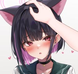 Rule 34 | 1girl, 1other, animal ears, black choker, blue archive, blush, cat ears, cat girl, choker, colored inner hair, gradient background, green sailor collar, grey background, halo, headpat, heart, kazusa (blue archive), marisasu (marisa0904), multicolored hair, red eyes, sailor collar, simple background, solo focus, white background