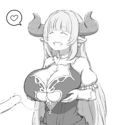 Rule 34 | 1girl, after paizuri, alicia (granblue fantasy), ankh earrings, breasts, cleavage, cleavage cutout, clothing cutout, commentary request, cum, cum on body, cum on breasts, cum on penis, cum on upper body, cum string, draph, granblue fantasy, greyscale, heart, highres, horns, huge breasts, monochrome, pointy ears, puffy short sleeves, puffy sleeves, shoko-san, short sleeves, spoken heart, twitching penis, underboob cutout