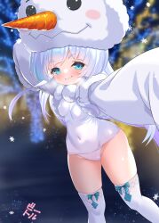 Rule 34 | 1girl, bettle (b s a n), blue eyes, breasts, commentary request, commission, covered navel, flower knight girl, hatsuyukisou (flower knight girl), highres, long hair, outdoors, pom pom (clothes), skeb commission, small breasts, smile, snowflakes, snowman hat, solo, standing, thighhighs, very long sleeves, white hair, white thighhighs