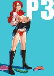 Rule 34 | 1girl, atlus, boots, breasts, breasts out, clothes lift, dildo, female focus, kirijou mitsuru, large breasts, mikoyan, nipple piercing, nipples, panties, persona, persona 3, piercing, red hair, school uniform, sex toy, skirt, skirt lift, solo, standing, underwear, upskirt, vibrator