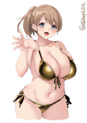 Rule 34 | 1girl, bikini, blue eyes, breasts, brown hair, cowboy shot, ebifurya, front-tie top, gold bikini, highres, intrepid (kancolle), kantai collection, large breasts, navel, one-hour drawing challenge, ponytail, shiny clothes, short hair, side-tie bikini bottom, simple background, swimsuit, twitter username, white background