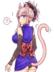 Rule 34 | 1girl, animal ears, asymmetrical hair, autumn leaves, black panties, blue kimono, blush, breasts, cat ears, cat tail, commentary request, detached sleeves, earrings, extra ears, fate/grand order, fate (series), japanese clothes, jewelry, katana, kemonomimi mode, kimono, large breasts, leaf print, looking at viewer, looking back, magatama, miyamoto musashi (fate), miyamoto musashi (first ascension) (fate), obi, panties, pink hair, ponytail, sash, sheath, short kimono, simple background, sleeveless, sleeveless kimono, solo, sword, tail, underwear, unsheathed, weapon, white background, yakisobapan tarou &amp; negitoro-ko
