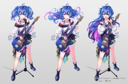Rule 34 | 1girl, :d, ahoge, alive musix, bare shoulders, black footwear, blue hair, blue shorts, boots, closed mouth, collarbone, commentary request, cross-laced footwear, denim, denim shorts, electric guitar, grey background, guitar, hair between eyes, heart, heart ahoge, highres, holding, holding microphone, instrument, ittokyu, lace-up boots, long hair, long sleeves, mair (alive musix), microphone, microphone stand, multicolored hair, multiple views, off-shoulder shirt, off shoulder, official art, open mouth, pink hair, puffy long sleeves, puffy sleeves, purple eyes, sample watermark, shirt, short shorts, shorts, simple background, smile, streaked hair, twintails, two-tone hair, v-shaped eyebrows, very long hair, virtual youtuber, watermark, white shirt