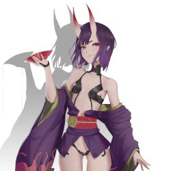 Rule 34 | 1girl, armpits, bare shoulders, breasts, closed mouth, collarbone, commentary, cowboy shot, cup, drop shadow, english commentary, eyeliner, fate/grand order, fate (series), gluteal fold, highres, holding, holding cup, horns, inhoso, japanese clothes, kimono, looking at viewer, makeup, nail polish, off shoulder, oni, open clothes, open kimono, pink nails, pointy ears, purple eyes, purple hair, purple kimono, revealing clothes, sakazuki, short eyebrows, short hair, short kimono, shuten douji (fate), simple background, skin-covered horns, slit pupils, small breasts, smile, solo, spilling, white background, wide sleeves