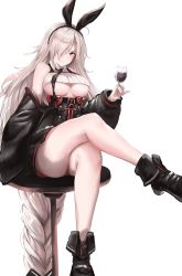 Rule 34 | 1girl, alcohol, ankle boots, azur lane, bare shoulders, black footwear, black hairband, black sleeves, blush, boots, breasts, chair, closed mouth, collared shirt, commentary, crop top, cross, crossed legs, cup, detached sleeves, drinking glass, english commentary, eyebrows hidden by hair, hair between eyes, hairband, high-waist skirt, highres, holding, holding cup, iron cross, large breasts, liaowen, long hair, looking at viewer, necktie, pleated skirt, prinz heinrich (azur lane), red eyes, ribbed shirt, shirt, sidelocks, silver hair, simple background, sitting, skirt, sleeveless, sleeveless shirt, smile, solo, underboob, very long hair, white background, wine, wine glass