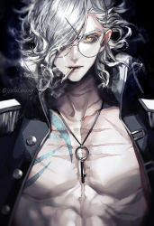 Rule 34 | + +, 1boy, abs, black background, black jacket, buttons, chest tattoo, cigarette, commentary, edmond dantes (fate), edmond dantes (monte cristo selection) (fate), eyelashes, fate/grand order, fate (series), glasses, grey hair, hair over one eye, highres, jacket, jewelry, key, key necklace, koshika rina, looking at viewer, male focus, necklace, open clothes, open jacket, serious, short hair, simple background, smoke, smoking, solo, tattoo, twitter username, upper body, wavy hair, yellow eyes