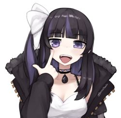 Rule 34 | 1girl, :d, black choker, black jacket, bow, breasts, choker, hair bow, hand up, index finger raised, jacket, looking at viewer, medium breasts, open clothes, open jacket, open mouth, shirt, simple background, smile, solo, tongue, tongue out, twitter username, upper body, virtual youtuber, white background, white bow, white shirt, yoako