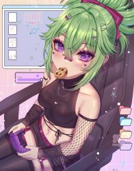 Rule 34 | 1girl, absurdres, black thighhighs, blush, breasts, chair, controller, cookie, crop top, food, food in mouth, game controller, genshin impact, green hair, hair ornament, hairclip, heart pendant, highres, kuki shinobu, long hair, looking at viewer, medium breasts, midriff, navel, ponytail, purple eyes, short shorts, shorts, sitting, solo, su niii, thighhighs