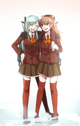 Rule 34 | 10s, 2girls, arm around shoulder, blue eyes, brown hair, closed eyes, green hair, hair ornament, hairclip, holding hands, hand on own hip, jikasei, kantai collection, kumano (kancolle), long hair, machinery, multiple girls, open mouth, personification, ponytail, red legwear, suzuya (kancolle), thighhighs
