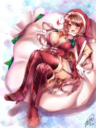 Rule 34 | 1girl, :d, bell, between breasts, blush, boots, breasts, brown hair, capelet, cleavage, garter straps, gloves, hat, heart, highres, jotti, large breasts, long hair, looking at viewer, lying, on back, open mouth, pink eyes, red footwear, red thighhighs, reimusan (jotti), sack, santa costume, santa hat, signature, smile, solo, thigh boots, thighhighs, very long hair, white gloves