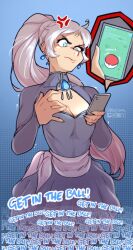 Rule 34 | 1girl, anger vein, blue eyes, breasts, cleavage, closed mouth, cowboy shot, creatures (company), earrings, english text, game freak, gem, grey hair, haysey, highres, holding, holding phone, jewelry, long sleeves, medium breasts, nintendo, phone, pokemon, pokemon go, ponytail, rwby, speech bubble, weiss schnee
