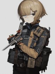 Rule 34 | 1girl, :/, ammunition pouch, astg, backpack, bag, black eyes, black jacket, blonde hair, blunt bangs, bob cut, brown jacket, carabiner, chest harness, closed mouth, combat knife, fingerless gloves, girls&#039; frontline, gloves, hair ornament, hairclip, half-closed eyes, harness, heterochromia, high collar, jacket, knife, long sleeves, looking at viewer, looking to the side, mg338 (girls&#039; frontline), mole, mole under eye, multicolored clothes, multicolored jacket, pouch, sheath, short hair, simple background, solo, twitter username, two-tone jacket, upper body, weapon, white background, white eyes