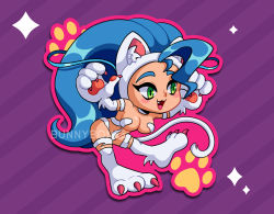 Rule 34 | 1girl, animal ears, blue hair, breasts, capcom, cat ears, cat girl, cat paws, cat tail, chibi, cleavage, felicia (vampire), green eyes, large breasts, long hair, navel, paws, tail, vampire (game)