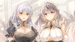 Rule 34 | 2girls, azur lane, blush, braid, breasts, charybdis (azur lane), cleavage, closed mouth, commentary request, hermione (azur lane), large breasts, long hair, looking at viewer, maid, maid headdress, multiple girls, parted lips, sea nami, silver hair, smile, twin braids, upper body, white headwear