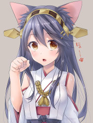 Rule 34 | 10s, 1girl, animal ears, bare shoulders, black hair, blush, brown eyes, cat ears, detached sleeves, fang, hairband, haruna (kancolle), ichimatsu nana, japanese clothes, kantai collection, kemonomimi mode, lips, long hair, looking at viewer, open mouth, paw pose, simple background, solo, solo focus, teeth, tongue