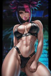 Rule 34 | 1girl, abs, breasts, blowing bubbles, capcom, chewing gum, cleavage, dandon fuga, female focus, gluteal fold, han juri, heart, heterochromia, highres, large breasts, lingerie, looking at viewer, medium hair, multicolored hair, solo, speech bubble, street fighter, street fighter 6, thick thighs, thighs, twintails, two-tone hair, underwear