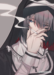 Rule 34 | 1boy, alternate costume, arm up, bandaged arm, bandages, black headwear, black nails, black robe, blue eyes, cigarette, commentary request, cross, cross necklace, empty eyes, fate/grand order, fate (series), fuyuhi tsukika, grey background, grey hair, habit, highres, jewelry, kamippoina (vocaloid), looking at viewer, male focus, nail polish, necklace, oberon (fate), oberon (third ascension) (fate), robe, short hair, simple background, smoking, solo, spoilers, twitter username, vocaloid, white wrist cuffs, wrist cuffs