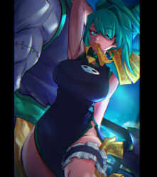 Rule 34 | 1girl, absurdres, animahakim, arm behind head, arm over head, bare shoulders, biceps, black dress, blue eyes, breasts, china dress, chinese clothes, cowboy shot, dress, green hair, highres, holding, jiangshi, large breasts, lee pai long, mouth hold, ofuda, shaman king, side slit, sleeveless, solo, stitches, tao jun, thigh strap