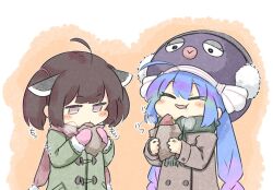Rule 34 | 2girls, ahoge, alternate costume, blue hair, blush, border, brown coat, brown hair, buttons, cheek bulge, closed eyes, coat, commentary, double-breasted, earmuffs, eating, eel hat, food, food bite, gradient hair, green coat, green scarf, half-closed eyes, happy, hat, headgear, holding, holding food, long hair, medium hair, mittens, multicolored hair, multiple girls, open mouth, orange background, otomachi una, pink mittens, purple hair, red scarf, roasted sweet potato, scarf, shiyoheee, sidelocks, smile, steam, sweet potato, touhoku kiritan, twintails, upper body, vocaloid, voiceroid, wavy mouth, white border, winter clothes