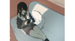 Rule 34 | 1girl, alternate costume, ame-chan (needy girl overdose), black hair, black shirt, couch, holding, indoors, long hair, long sleeves, looking at viewer, needy girl overdose, nintendo switch, on couch, phuc-u, pillow, red shorts, shirt, shorts, sitting, solo, towel, towel around neck