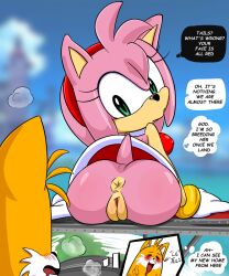 Rule 34 | 1girl, aircraft, amy rose, anus, ass, blurry, blush, bracelet, breasts, cleft of venus, closed mouth, covered erect nipples, dress, drooling, from behind, furry, furry female, gloves, green eyes, hairband, hedgehog ears, hedgehog girl, hedgehog tail, highres, jewelry, looking back, medium breasts, outdoors, p0k4chu, panels, pink hair, pussy, red dress, red hairband, short hair, sideboob, sitting, solo focus, sonic (series), speech bubble, tails (sonic), thought bubble, uncensored, underwear, white gloves