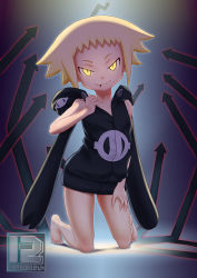 Rule 34 | 1girl, artist name, barefoot, black dress, blonde hair, child, closed mouth, dress, feet, female focus, flat chest, kissada, kneeling, looking at viewer, medusa gorgon, naughty face, slit pupils, solo, soul eater, toes, yellow eyes